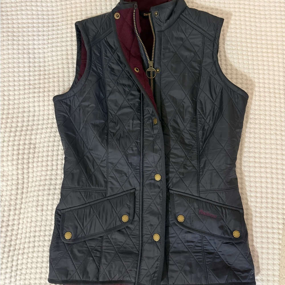 Barbour Cavalry Quilted Vest Navy Diamond Quilt Fleece Lined Gold Snaps US 6